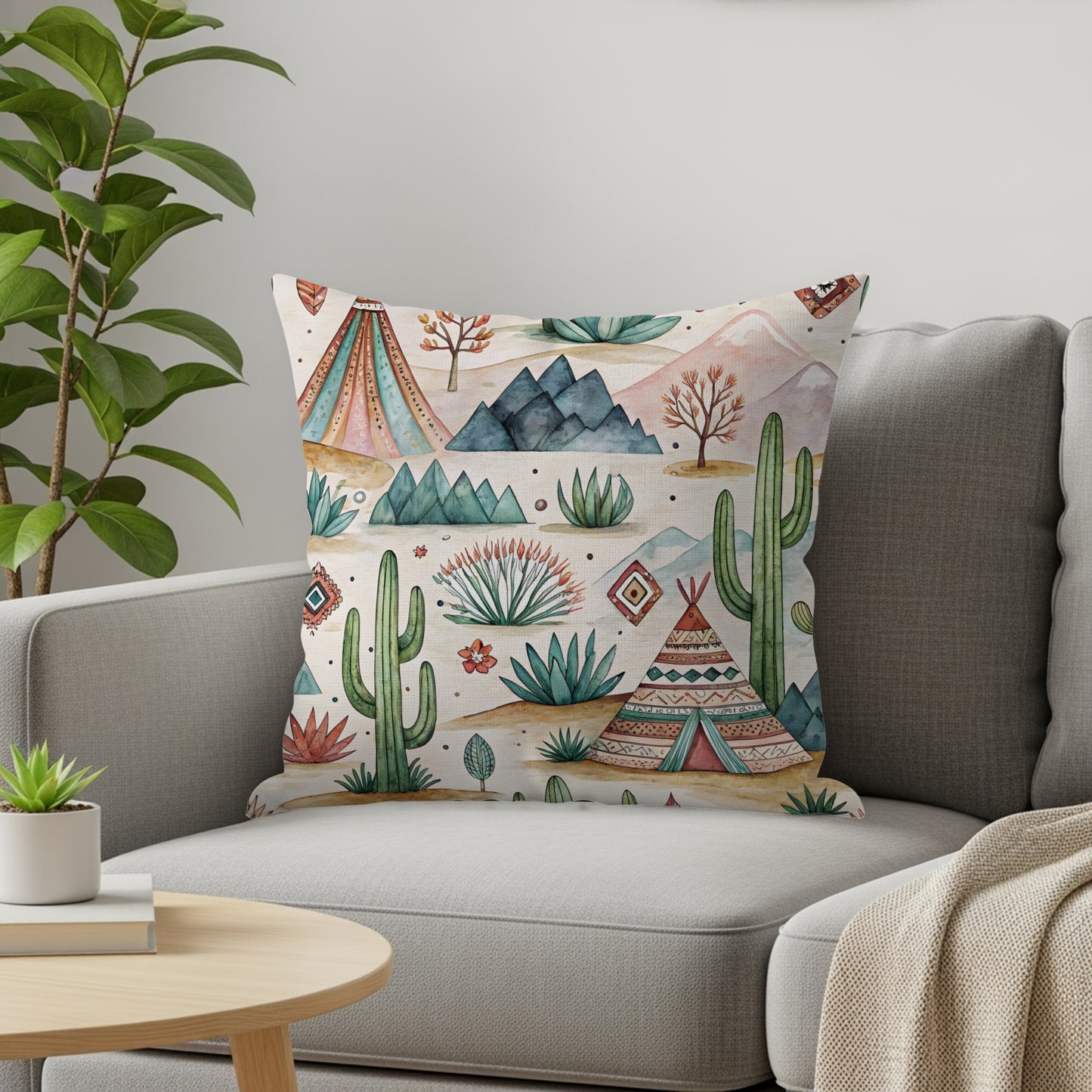 Colorful Southwestern Desert and Cactus Pattern Pillow