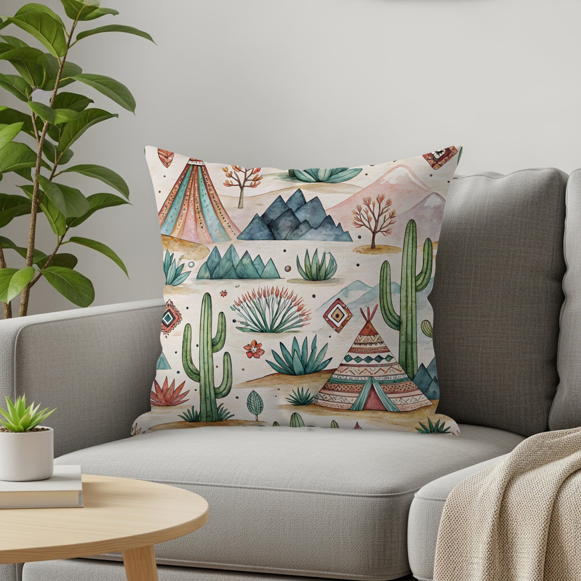 Colorful Southwestern Desert and Cactus Pattern Pillow