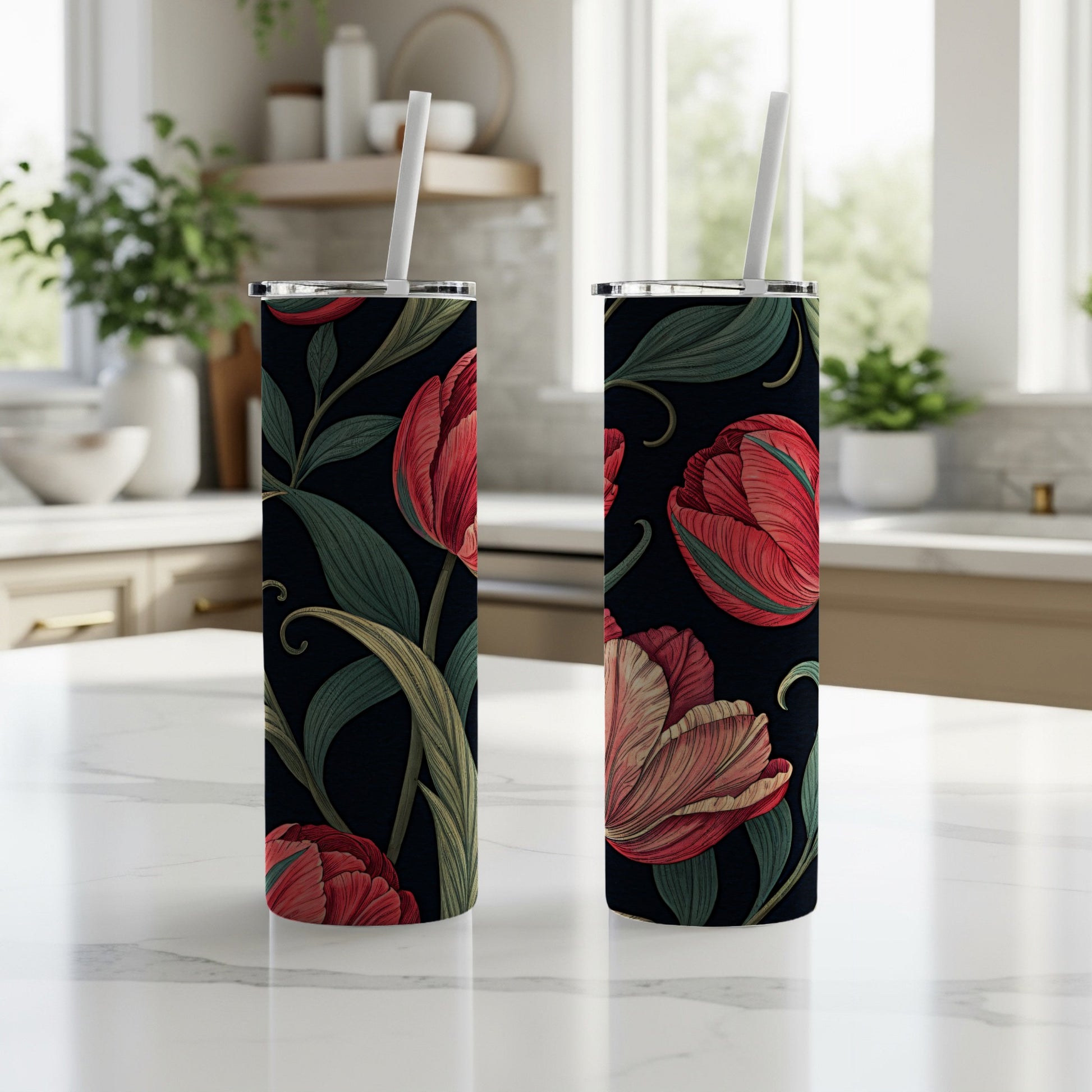 Elegant Floral Pattern Black and Red Tumbler Cups
