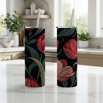 Elegant Floral Pattern Black and Red Tumbler Cups