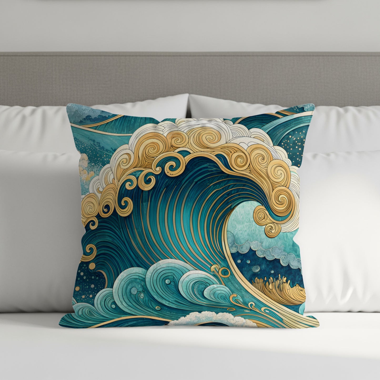 Oceanic Bliss Azure and Gold Waves Pattern Throw Pillows - Walk Greener