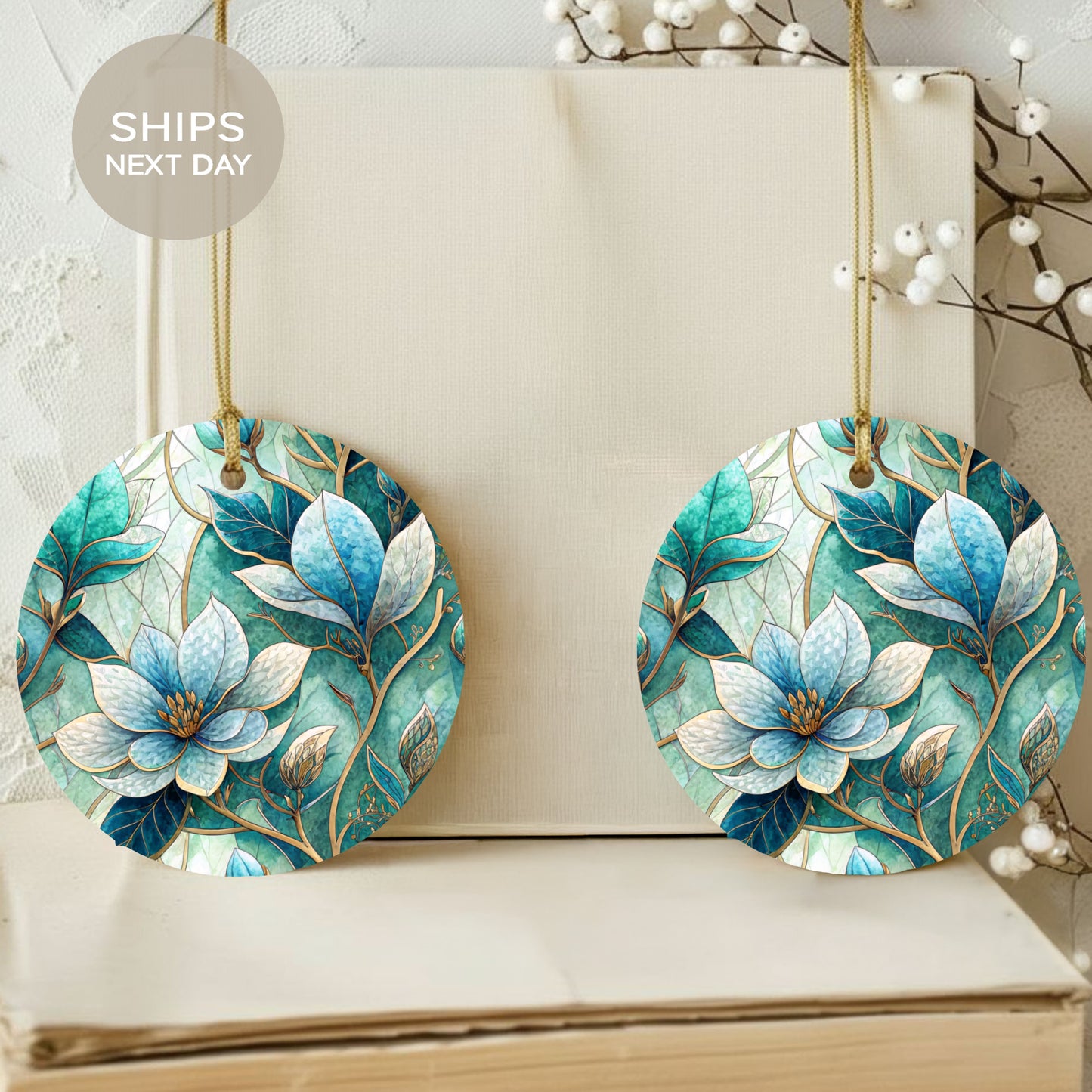 Floral Design Round Ornaments with Wooden Background