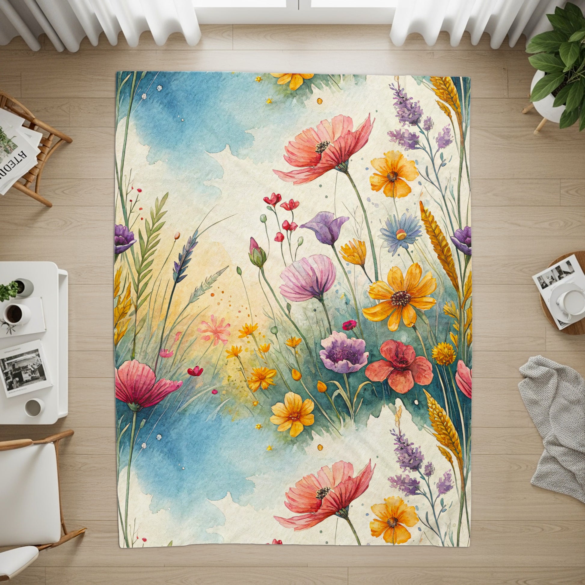 Watercolor Wildflower Meadow In Bloom Dreamscape Art Velveteen Plush Blankets - Walk Greener