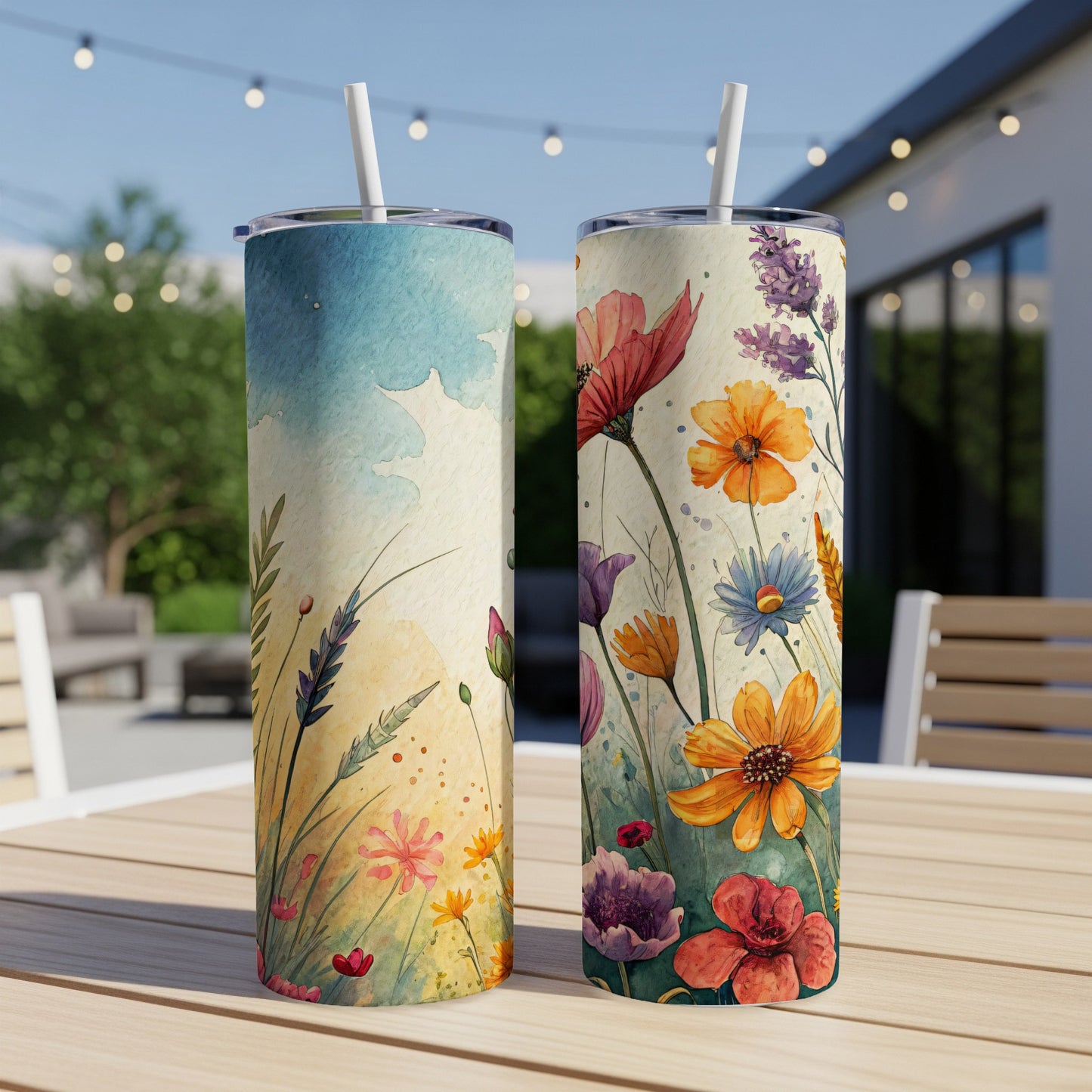 Watercolor Floral Field Design Beautiful Flower Art 20 oz Skinny Tumbler - Walk Greener