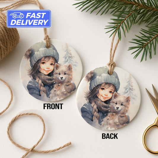 Cute Winter Scene Girl With Kitten Ornament product