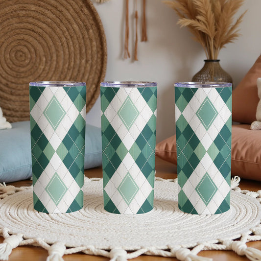 Argyle Pattern with Green and White Squares Design Tumbler - Walk Greener
