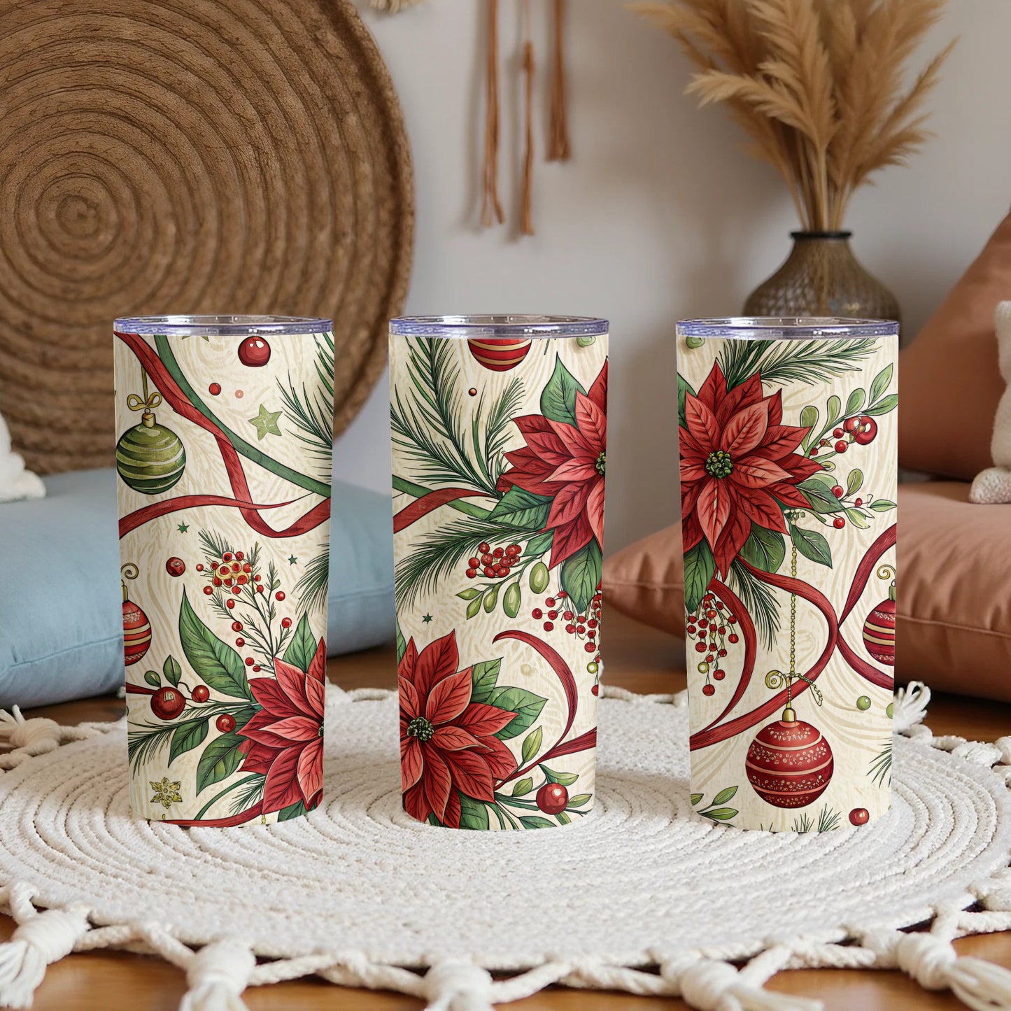 Festive Christmas Floral Design Double-Walled Tumbler