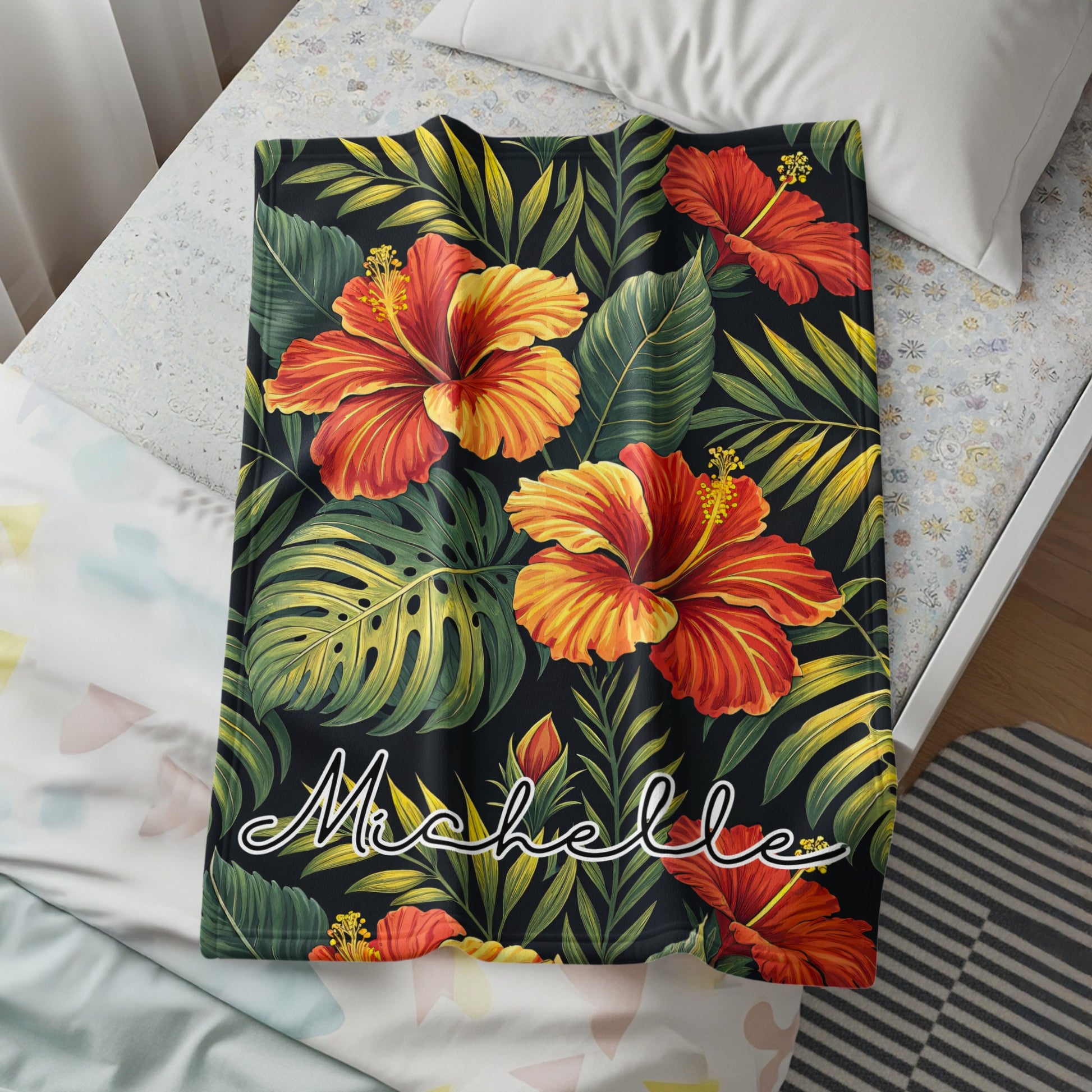 Personalized Tropical Hibiscus Flower Blanket with Name