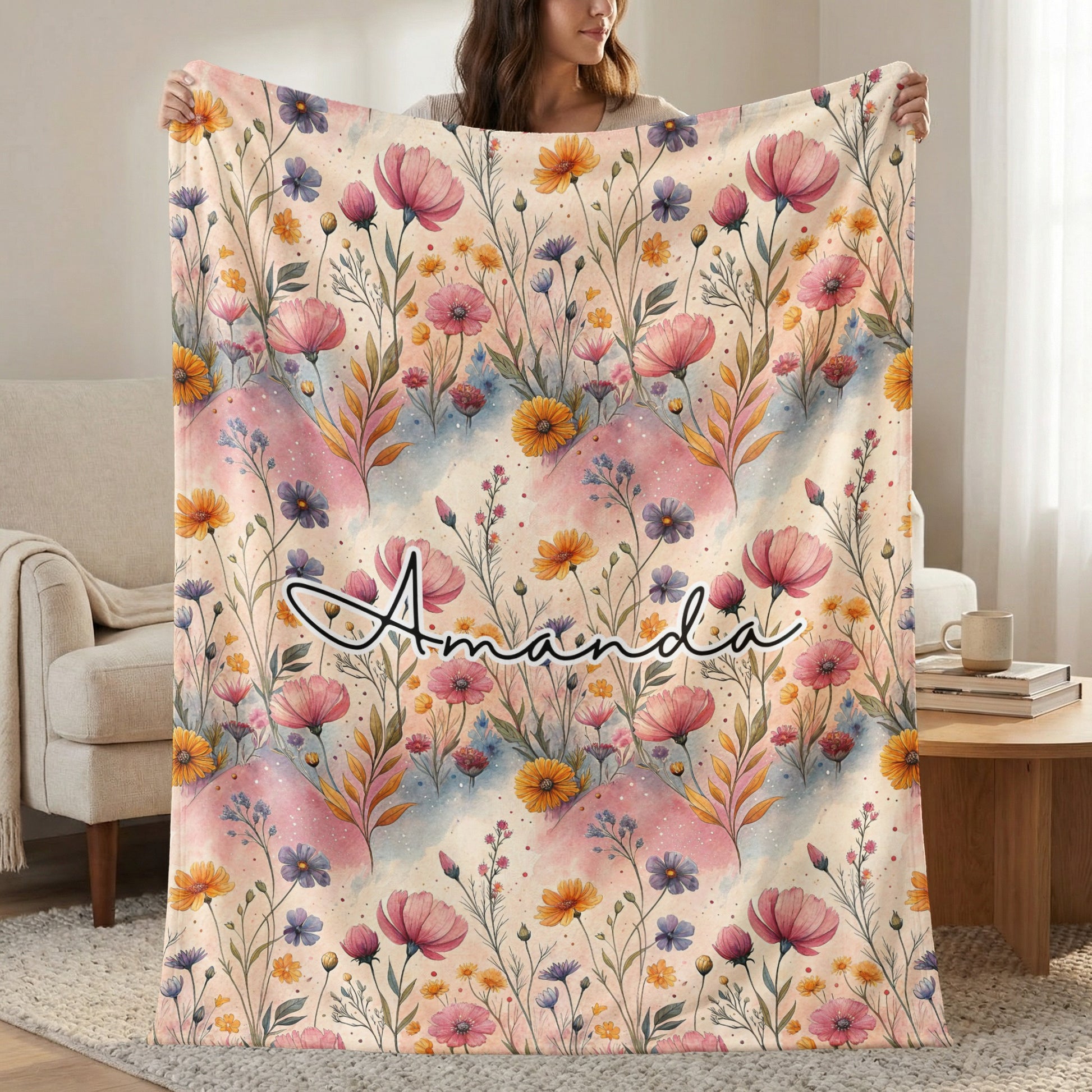 Personalized Floral Patterned Blanket with Name Amanda