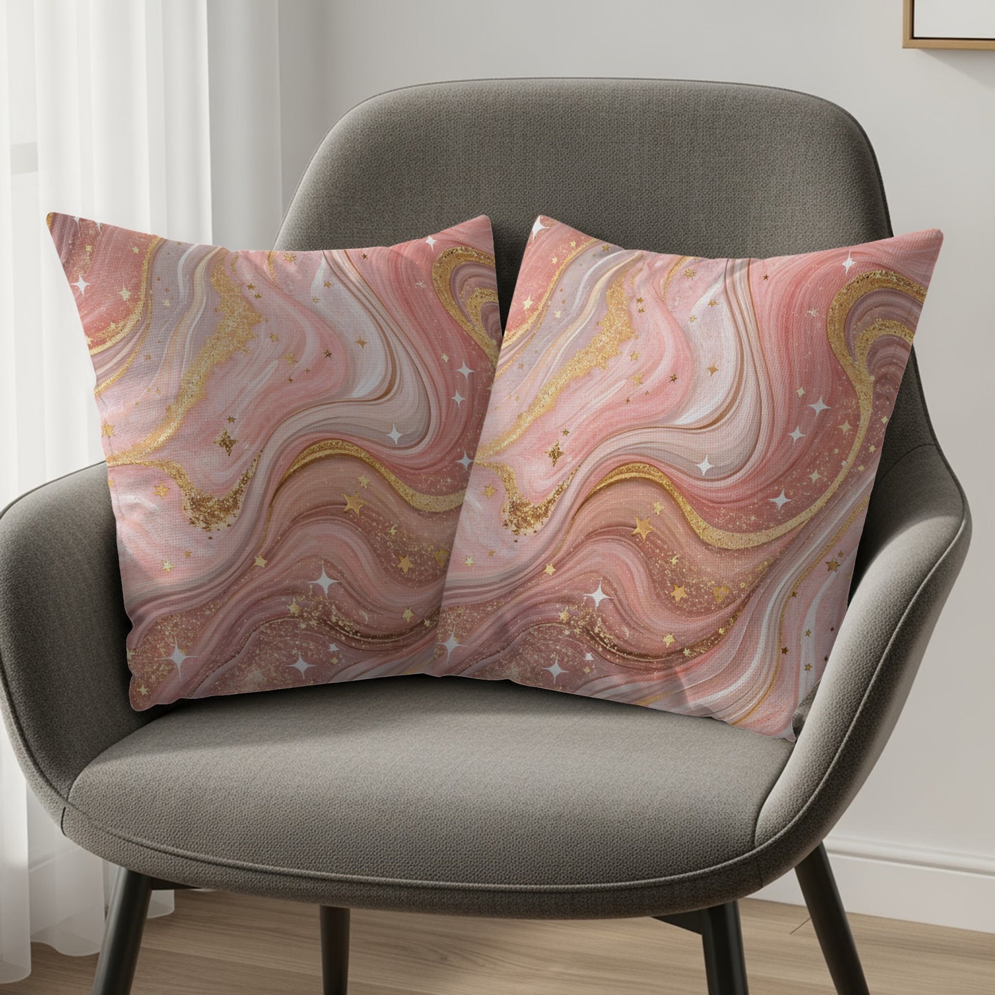 Pink and Gold Abstract Swirl Design Throw Pillow