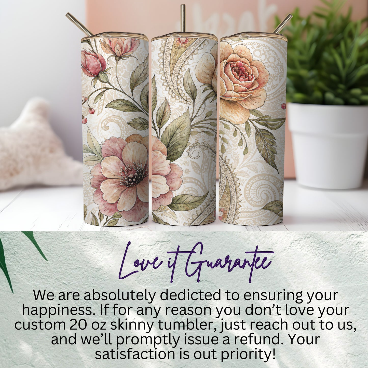 Elegant Floral Artwork Design for 20 oz Skinny Tumbler - Walk Greener