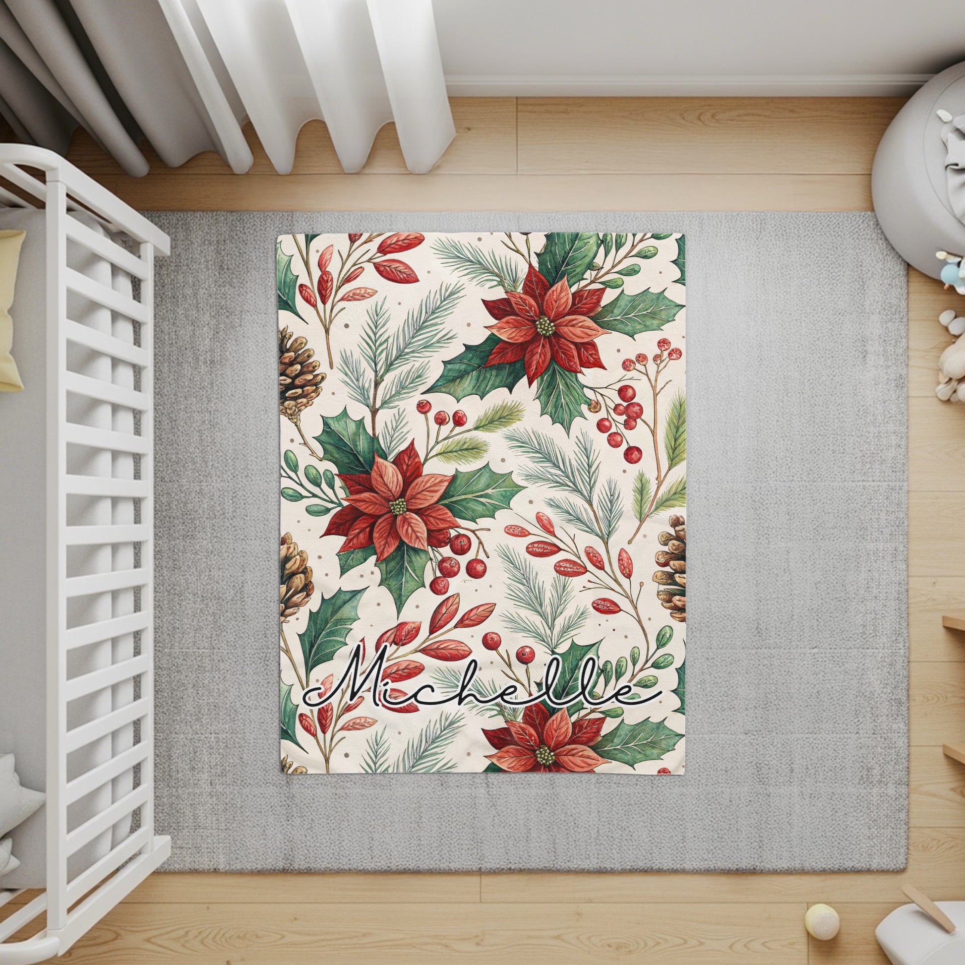Personalized Holiday Floral Name Design Rug