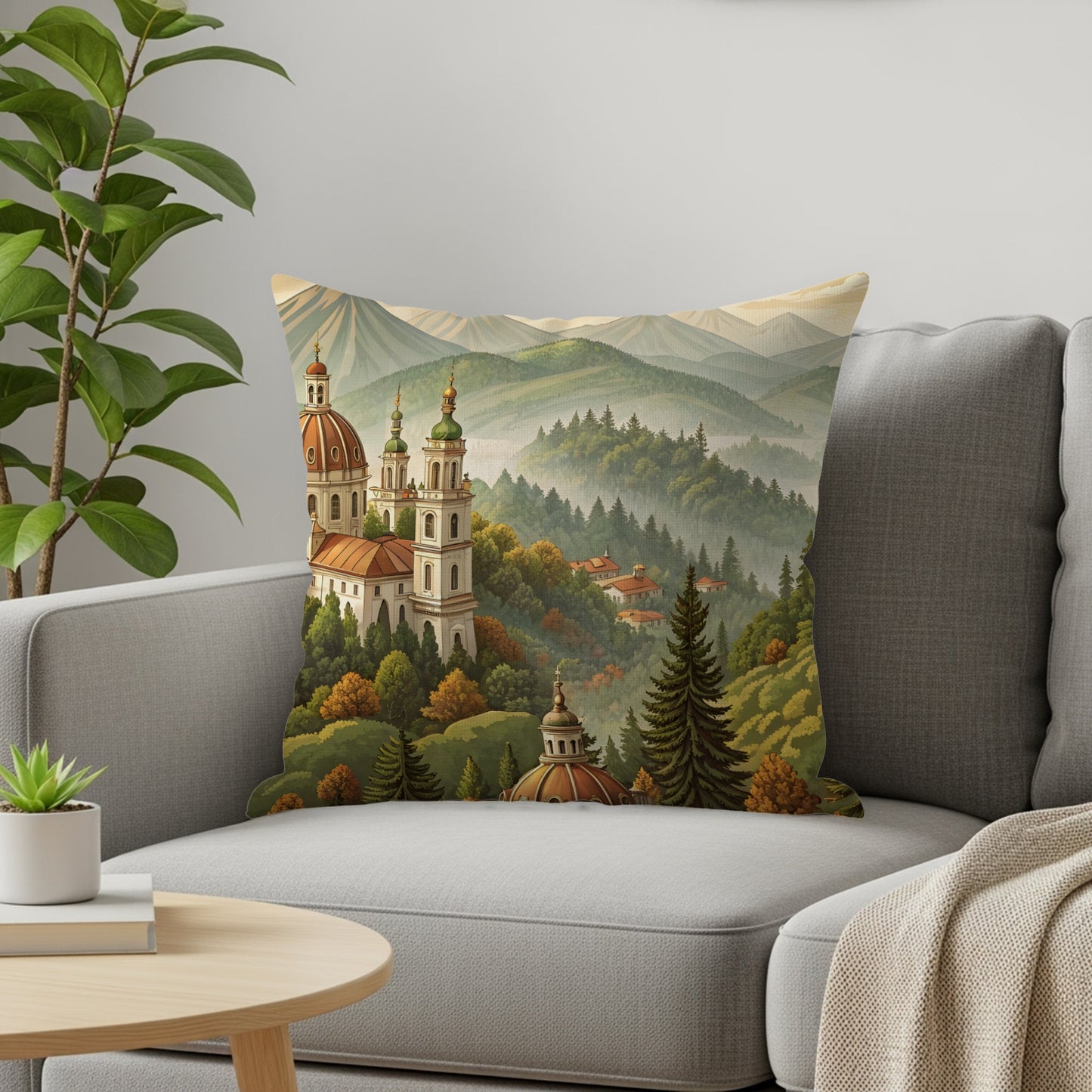 Scenic Castle in Forest Throw Pillow for Cozy Home Decor