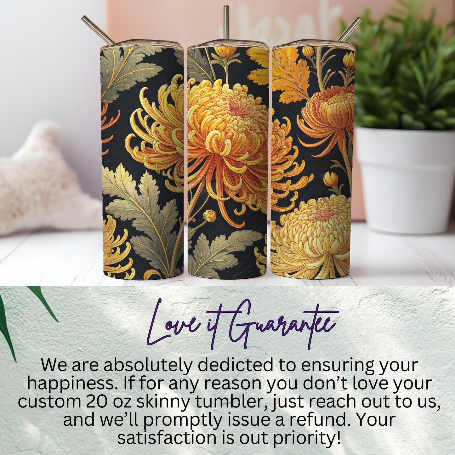Exquisite Golden Chrysanthemum Floral Pattern Tumblers - Walk Greener
