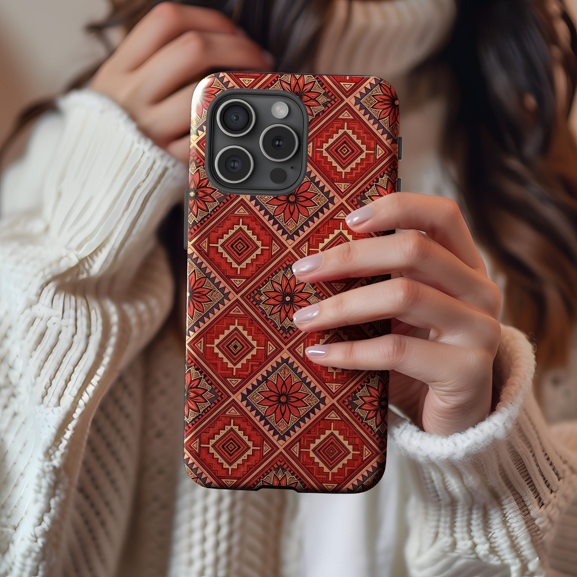Floral Tiles in Orange Aztec Patterns With Custom Name Custom Phone Case - Walk Greener