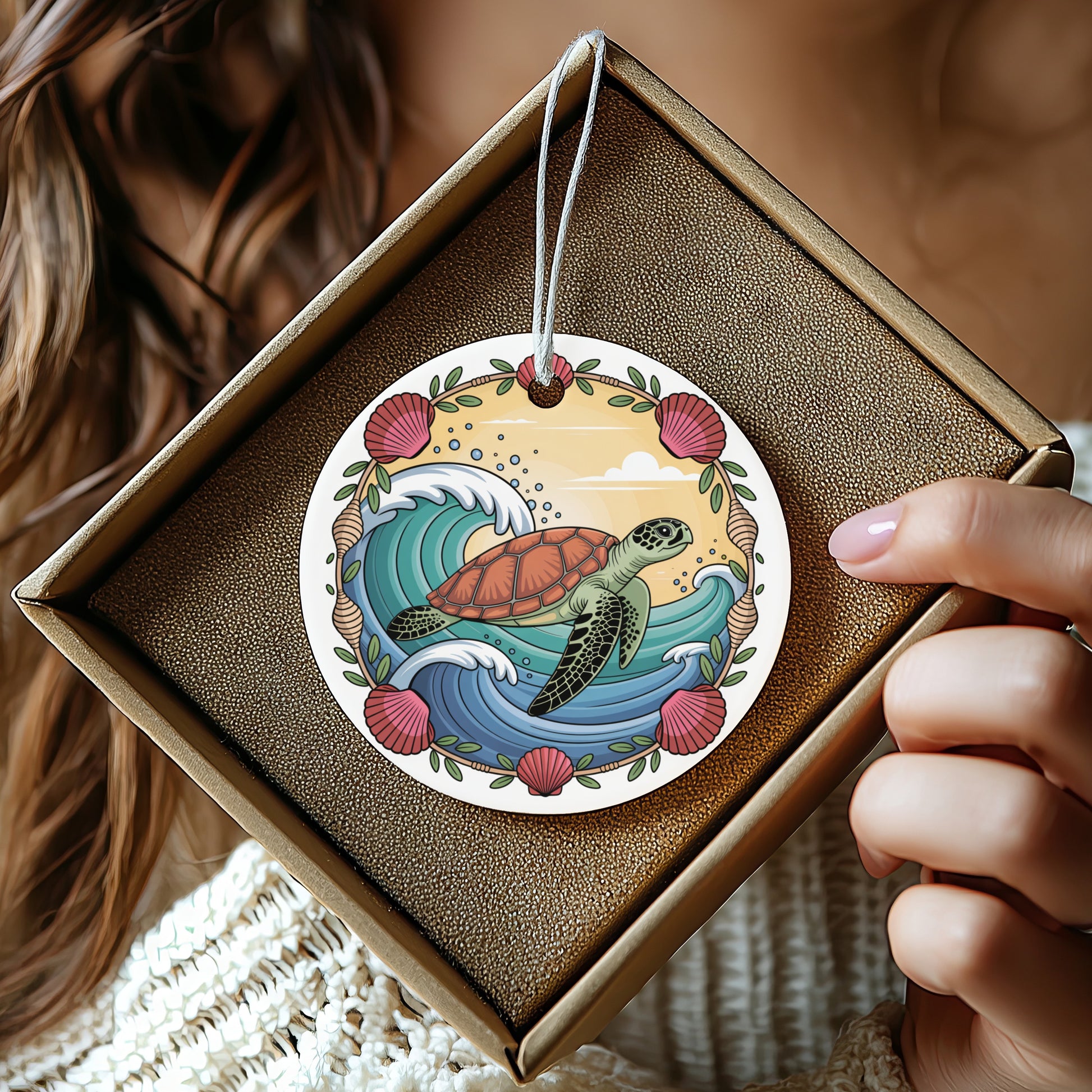 Tortoise and Waves Designed Round Hanging Ornament product type