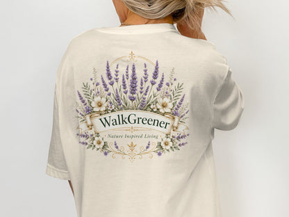 Cream t-shirt with a floral emblem and "WalkGreener Nature Inspired Living" text.