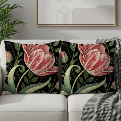 Red White Tulips a Dark Backdrop Decorative Floral Throw Pillows - Walk Greener