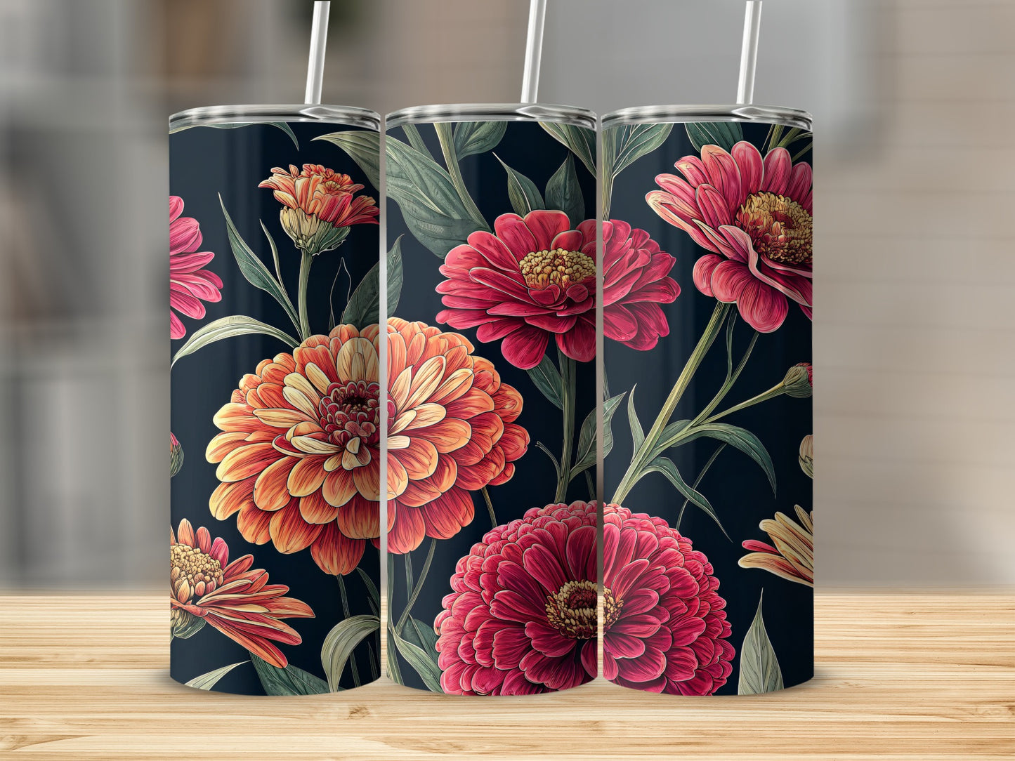 Vibrant Floral Design Tall Tumbler with Straw