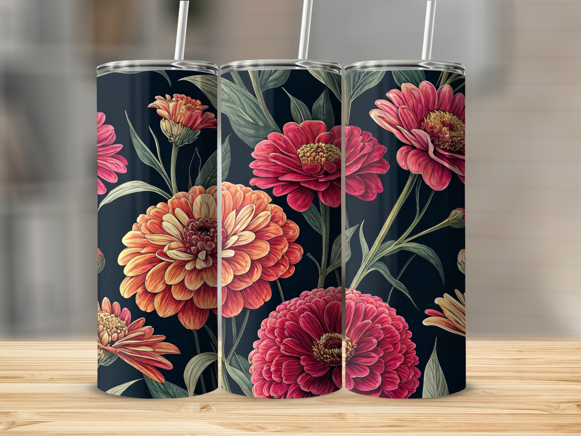 Vibrant Floral Design Tall Tumbler with Straw