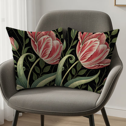 Red White Tulips a Dark Backdrop Decorative Floral Throw Pillows - Walk Greener