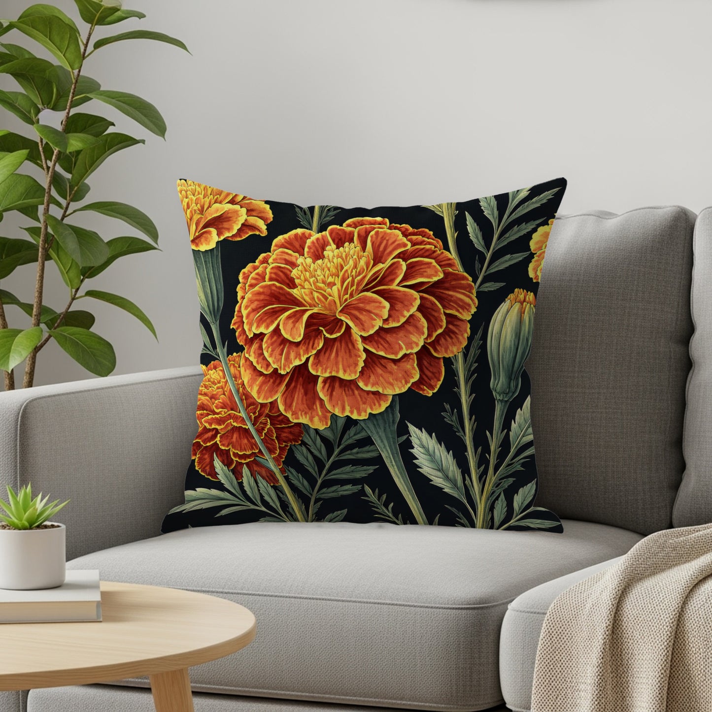 Orange Yellow Marigold Floral Art Pattern Decorative Floral Throw Pillows - Walk Greener