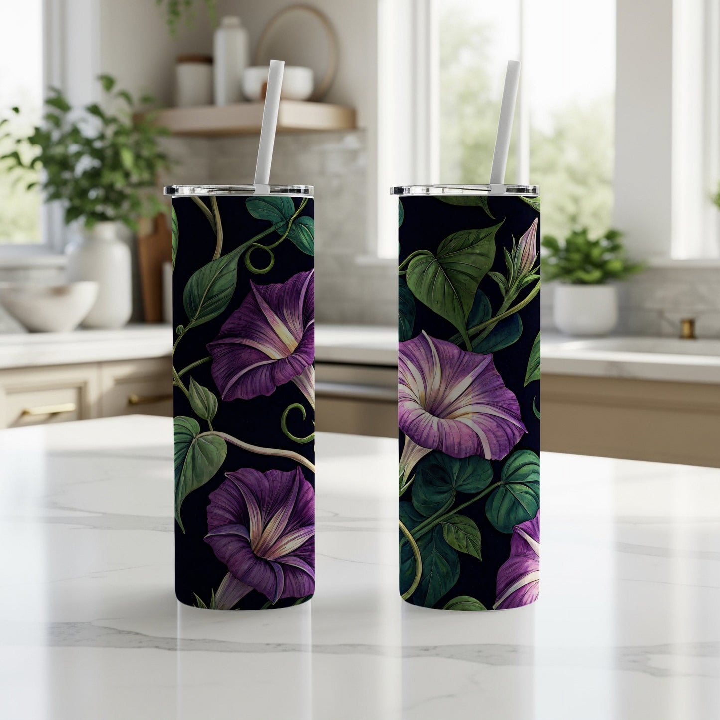 Floral Morning Glory Blooms On Dark Canvas Tumblers - Walk Greener