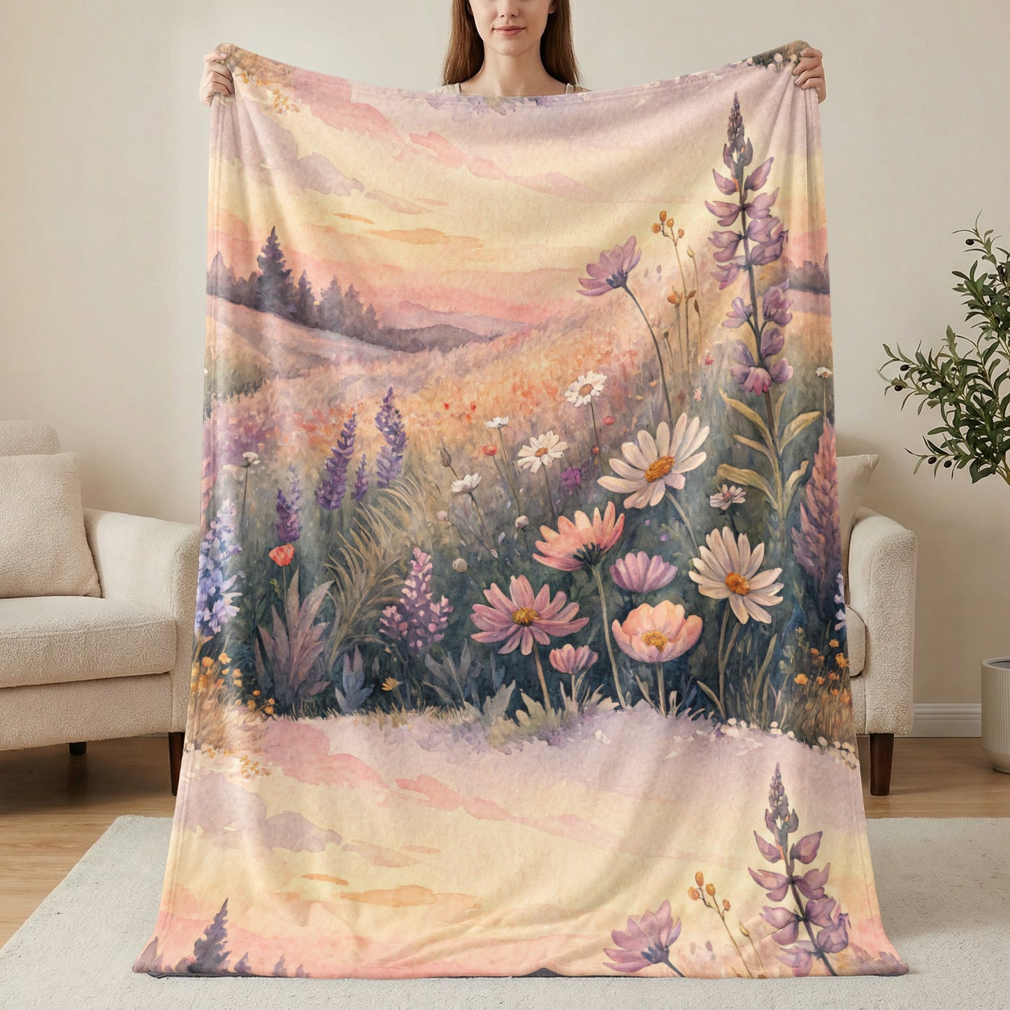 Floral Meadow Landscape Sunset in Watercolor Painting - Walk Greener