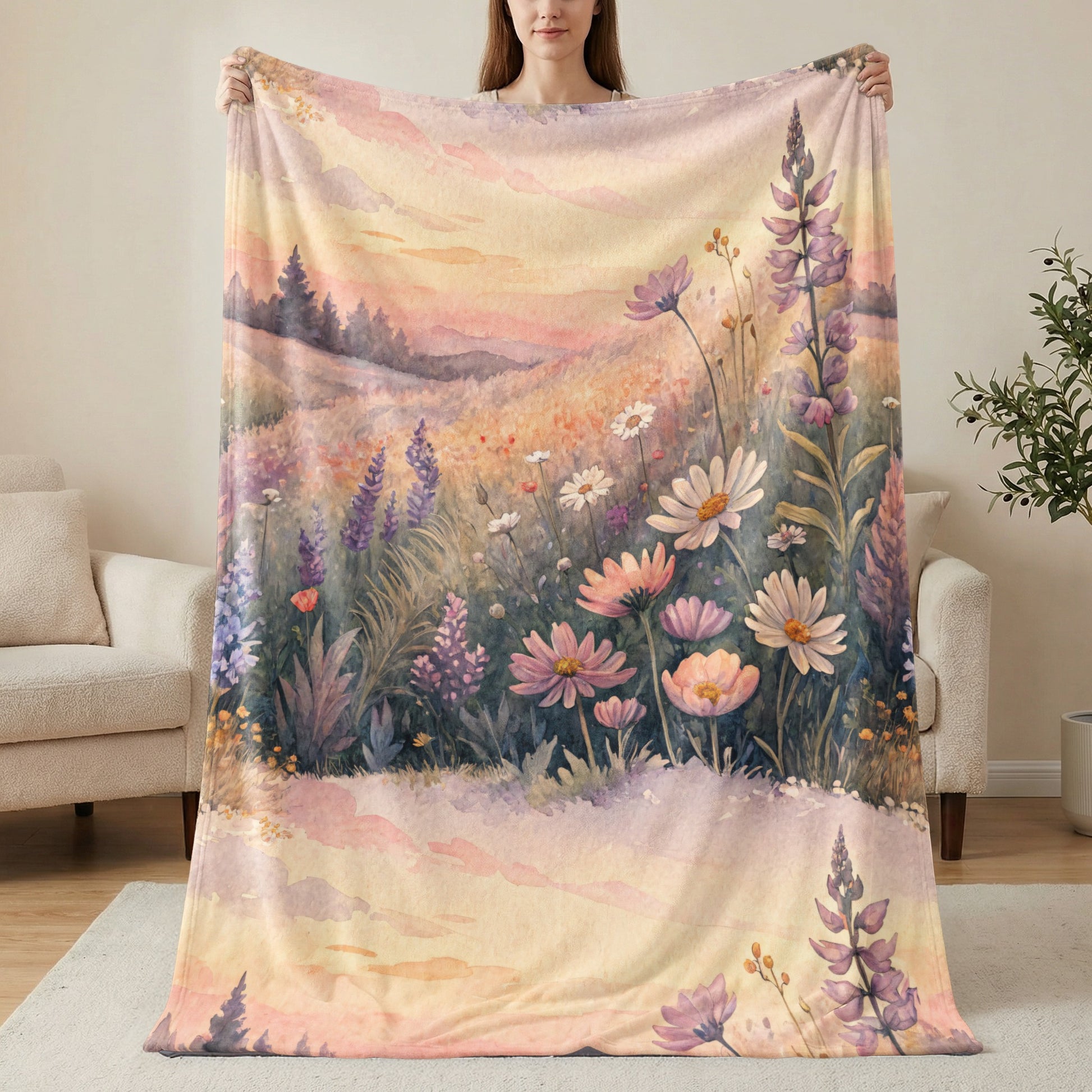 Floral Meadow Landscape Sunset in Watercolor Painting - Walk Greener