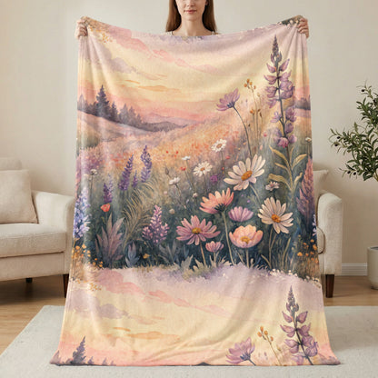 Floral Meadow Landscape Sunset in Watercolor Painting - Walk Greener