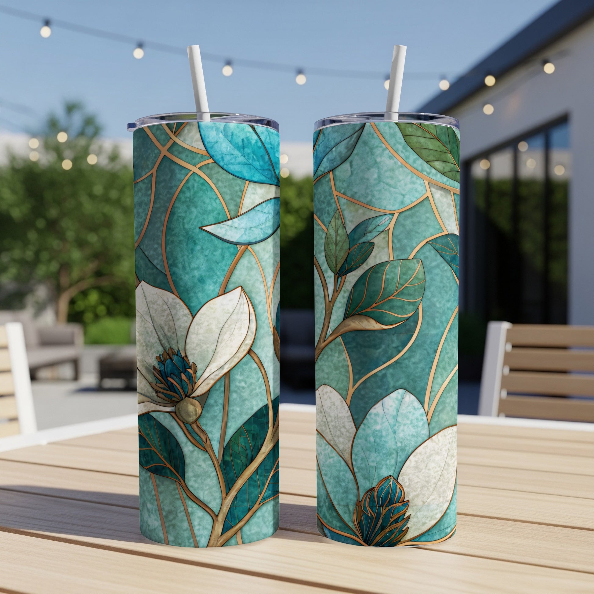 Blue And White Floral Arrangement Golden Lines 20 oz Skinny Tumbler - Walk Greener