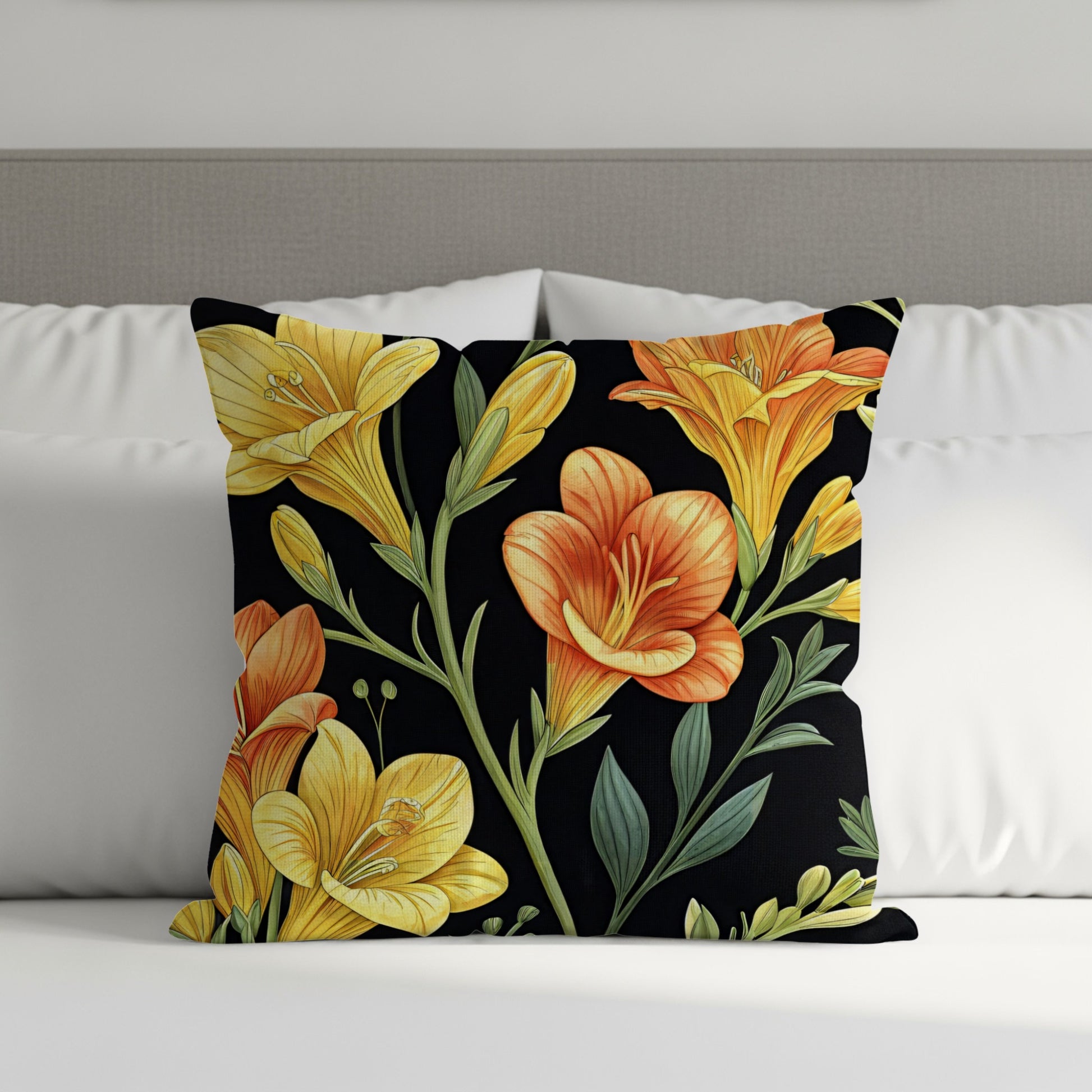Yellow And Orange Floral Pattern On Dark Backdrop Decorative Floral Throw Pillows - Walk Greener