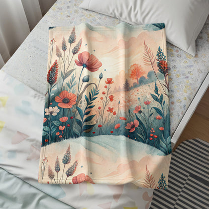 Floral Meadow in Watercolor Style Art Print Velveteen Plush Blankets - Walk Greener