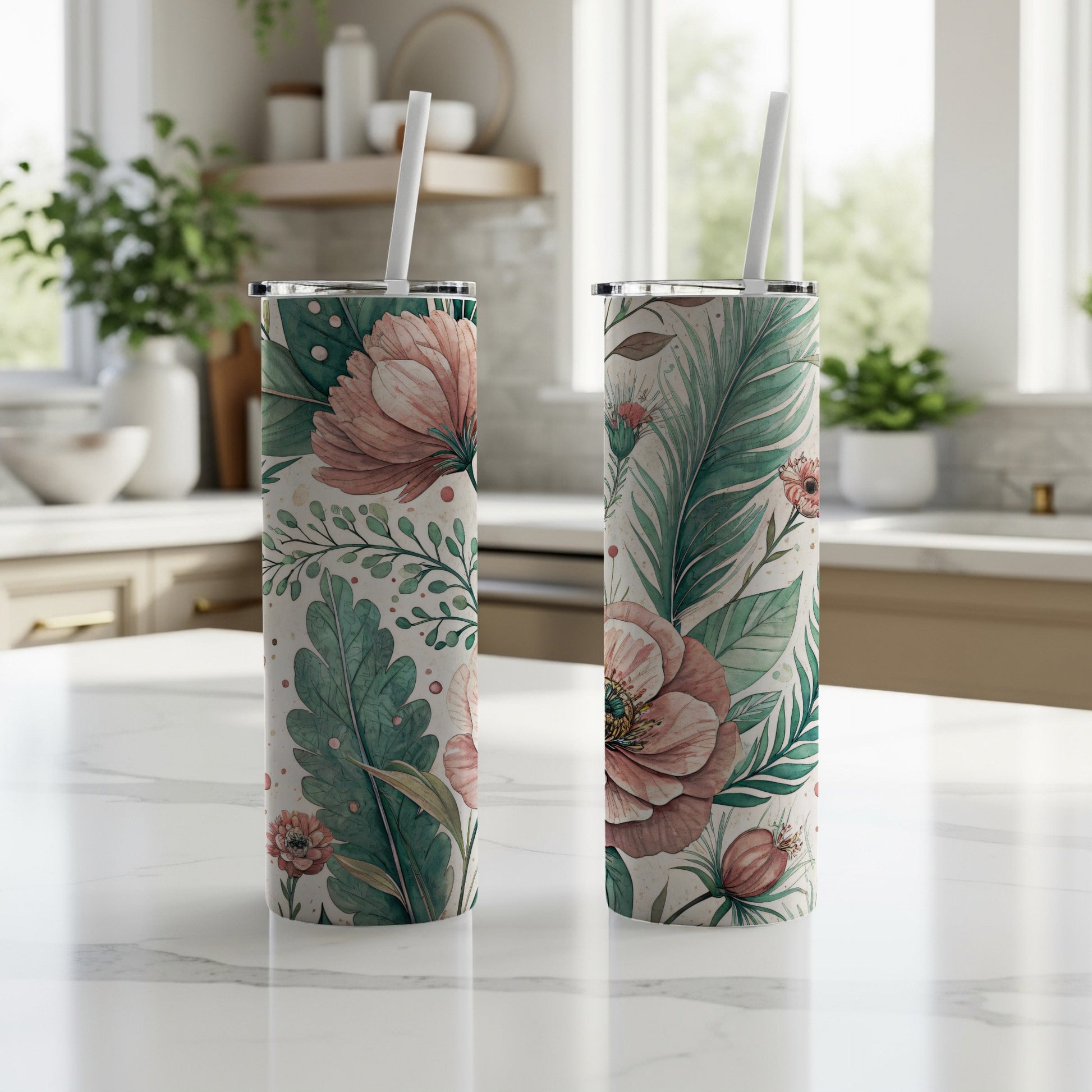 Elegant Pink Flowers with Leaves Floral Design 20 oz Skinny Tumbler - Walk Greener
