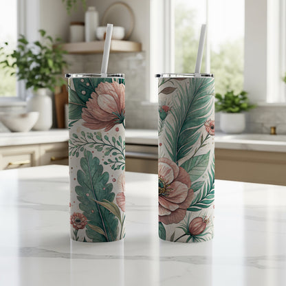 Elegant Pink Flowers with Leaves Floral Design 20 oz Skinny Tumbler - Walk Greener
