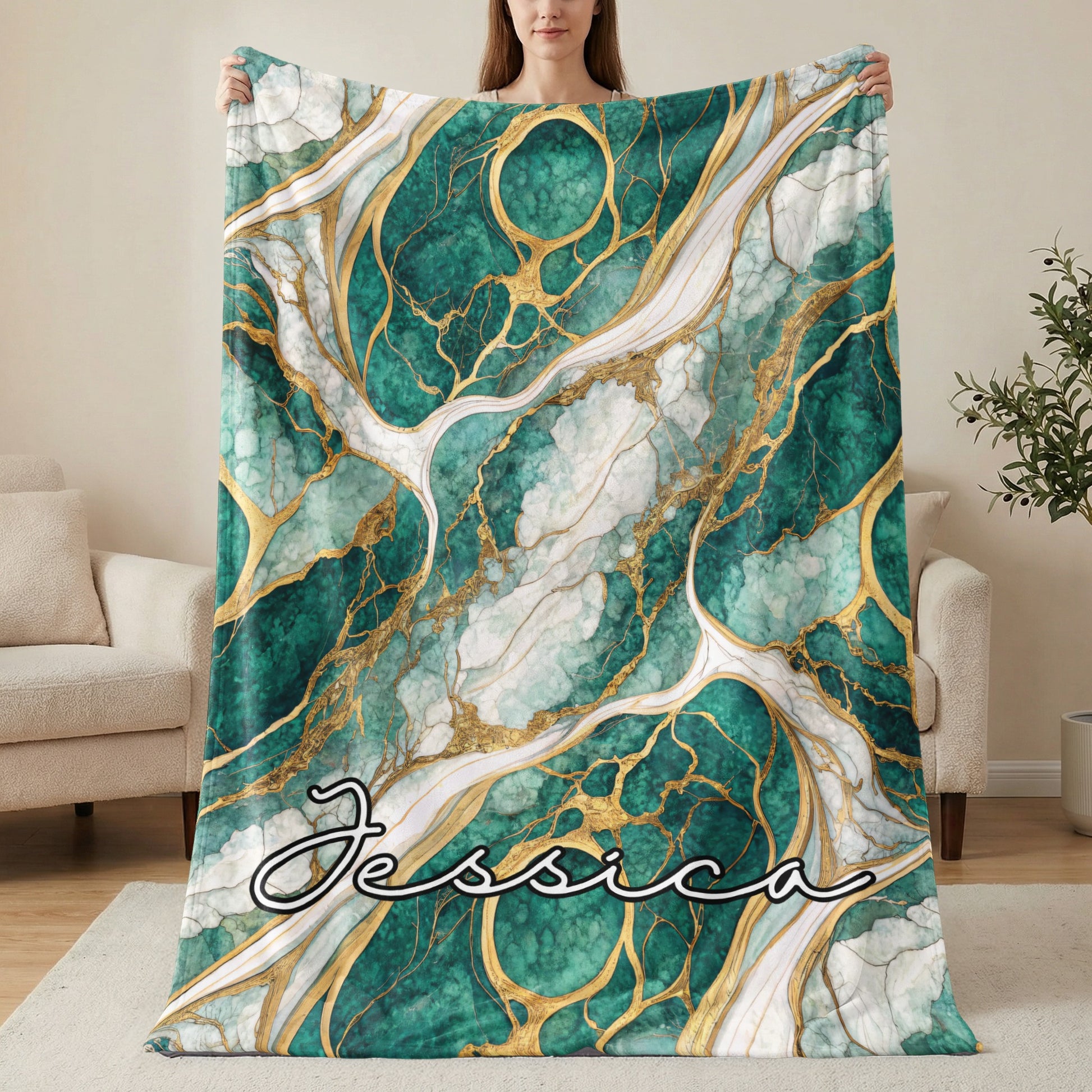 Teal Marble Design with Golden Veins Custom Name Blanket - Walk Greener