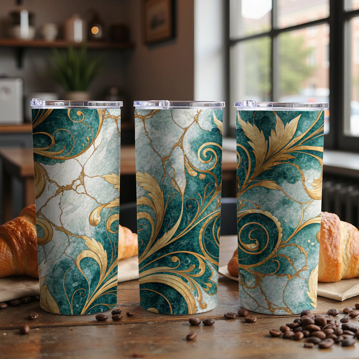 Elegant Green and Gold Swirl Design Travel Tumbler