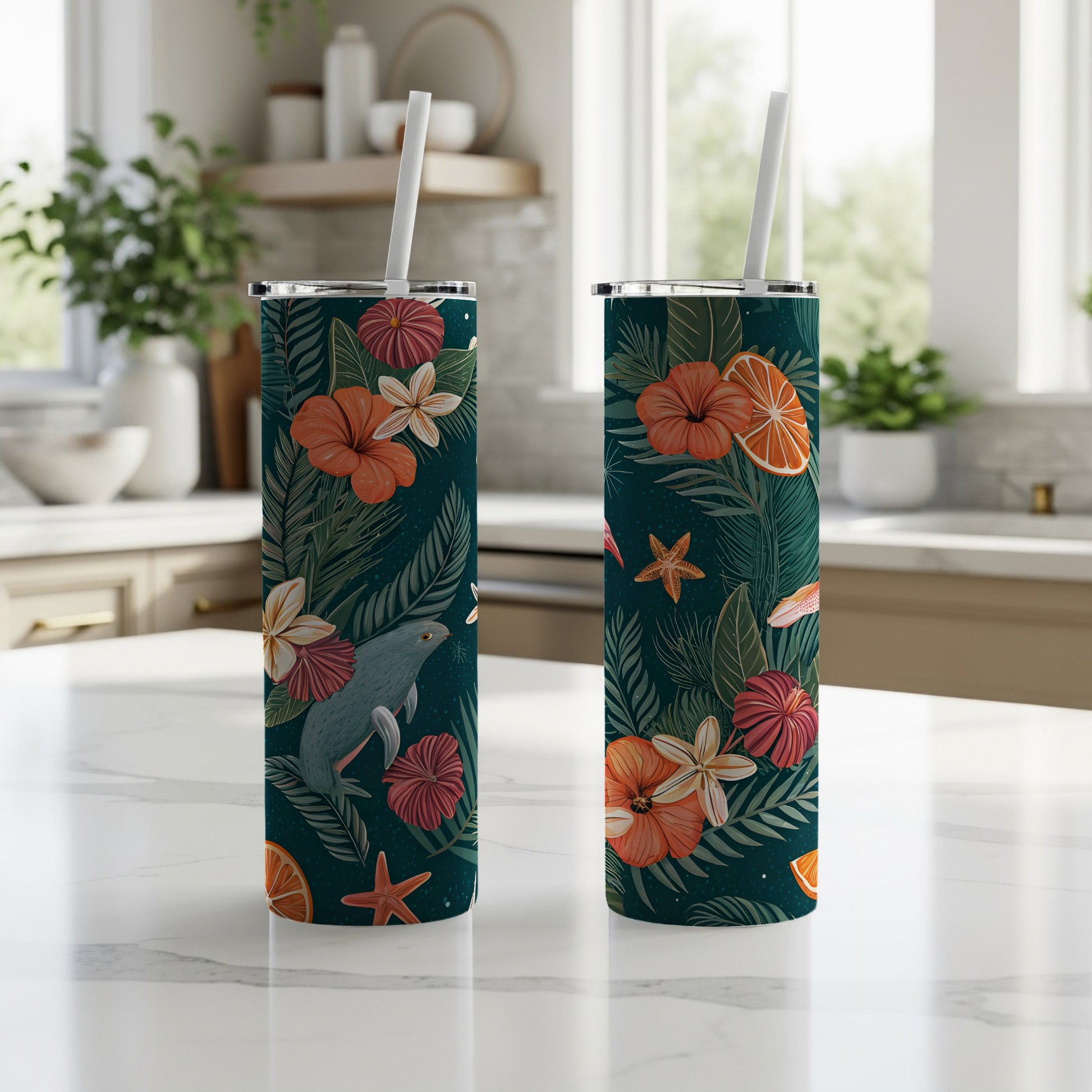 Tropical Floral Design Insulated Tumbler With Straw