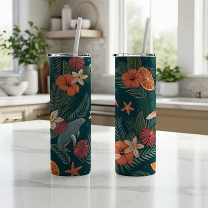 Tropical Floral Design Insulated Tumbler With Straw