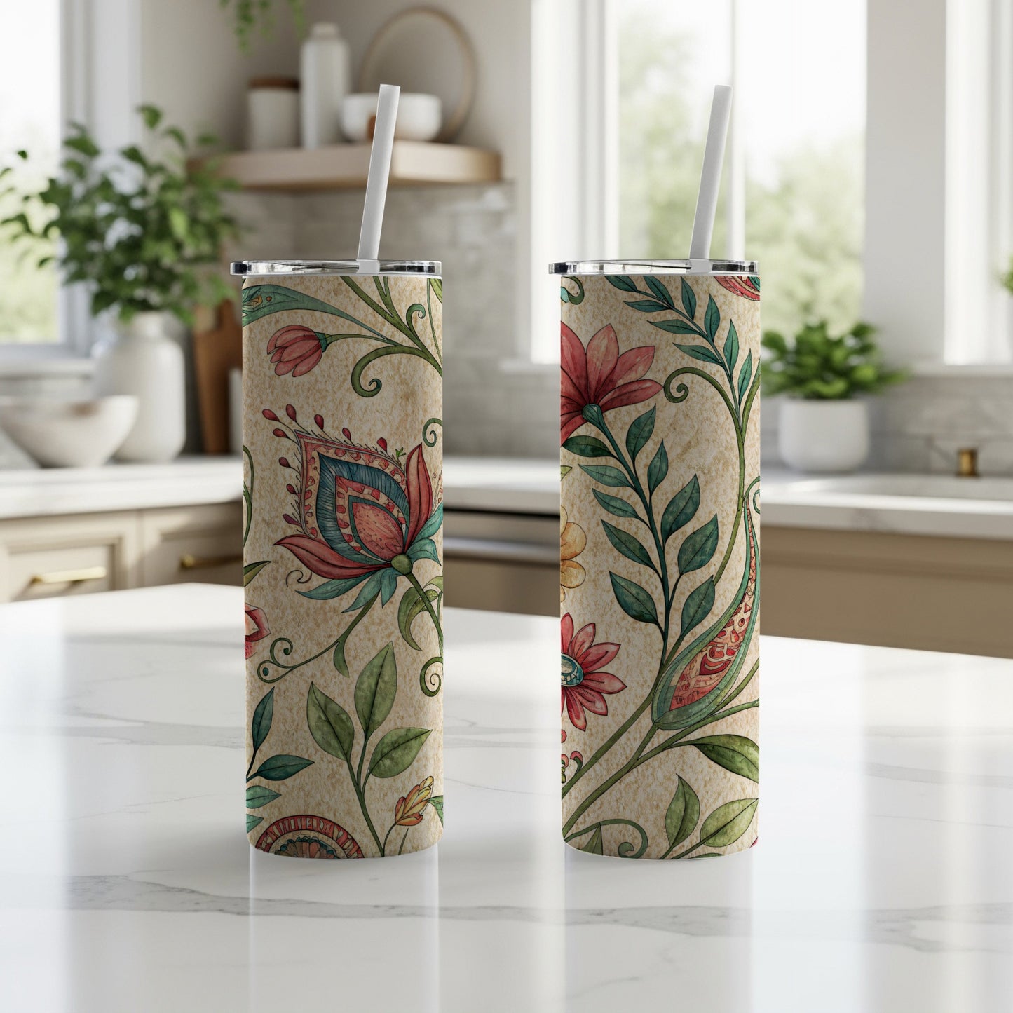Elegant Floral Pattern Watercolor Look for 20 oz Skinny Tumbler - Walk Greener
