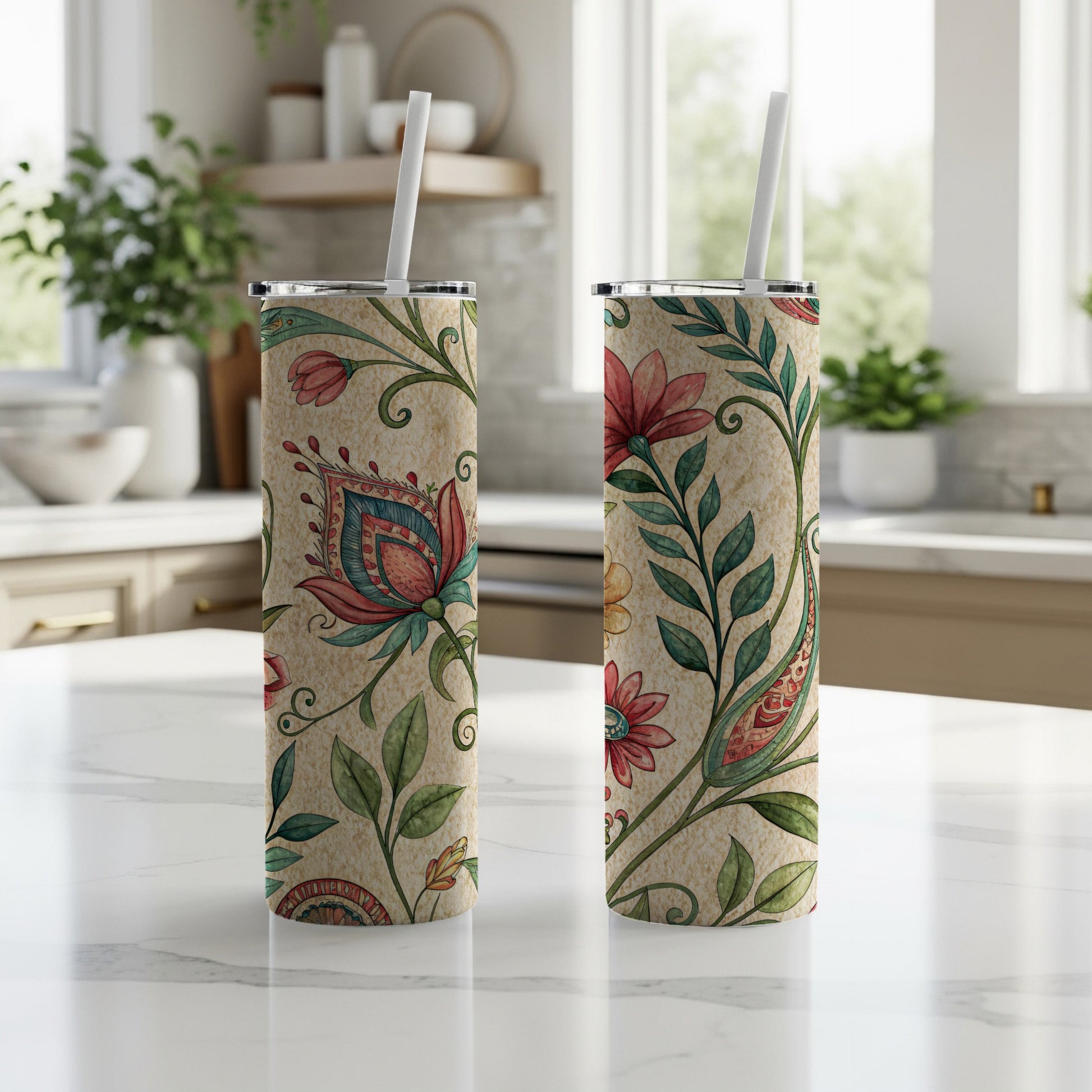 Elegant Floral Pattern Watercolor Look for 20 oz Skinny Tumbler - Walk Greener