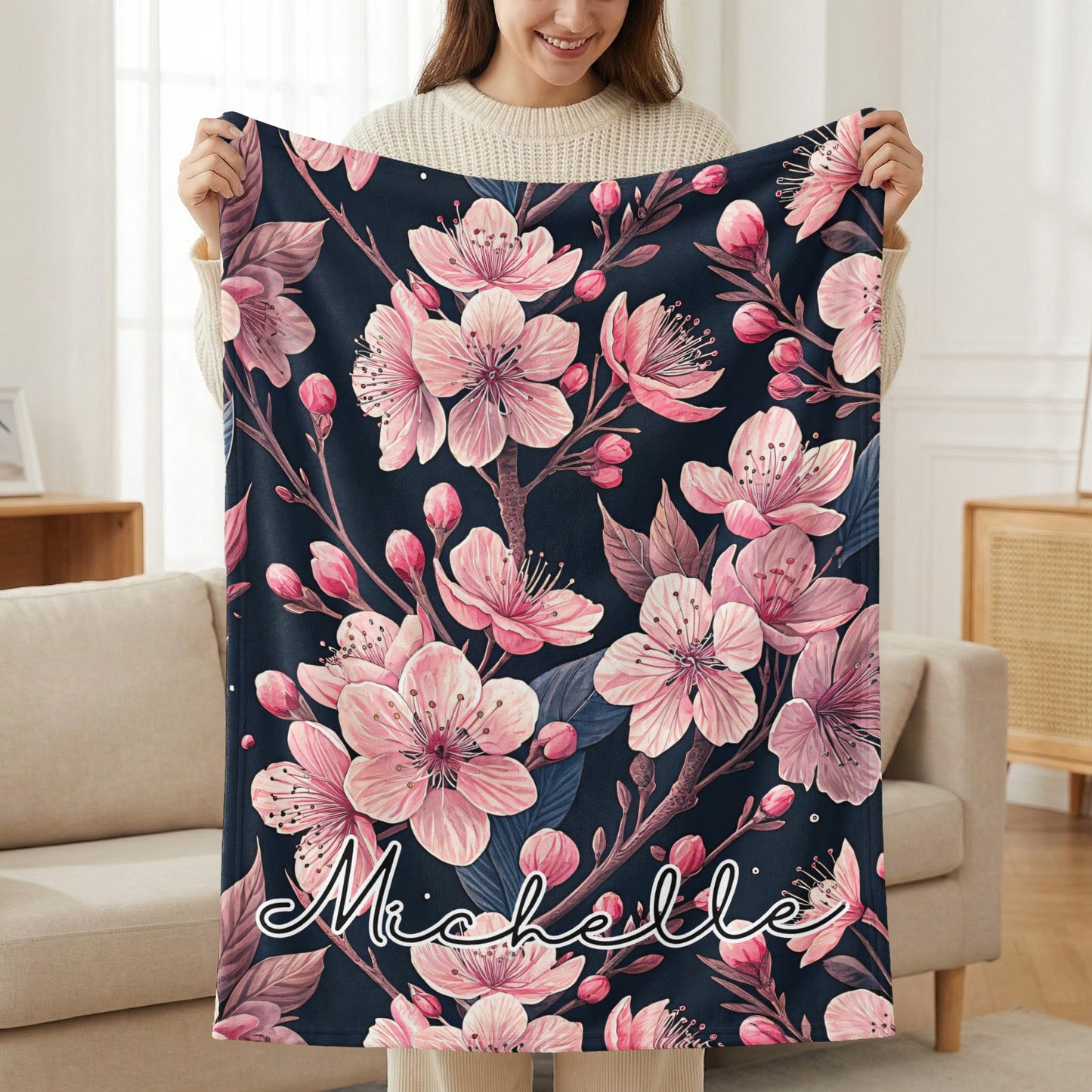 Floral Custom Name Blanket With Pretty Pink Blooms Design - Walk Greener