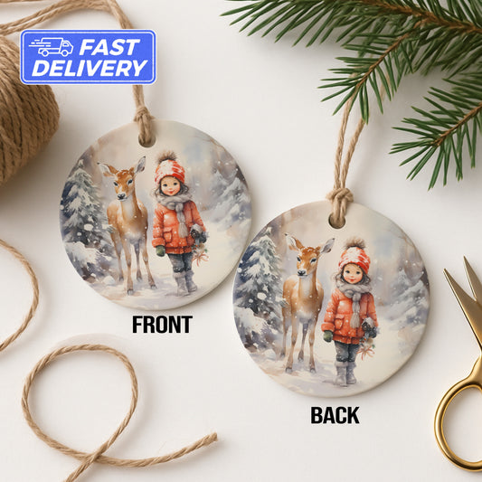 Cute Deer and Girl Snowy Forest Ornament product