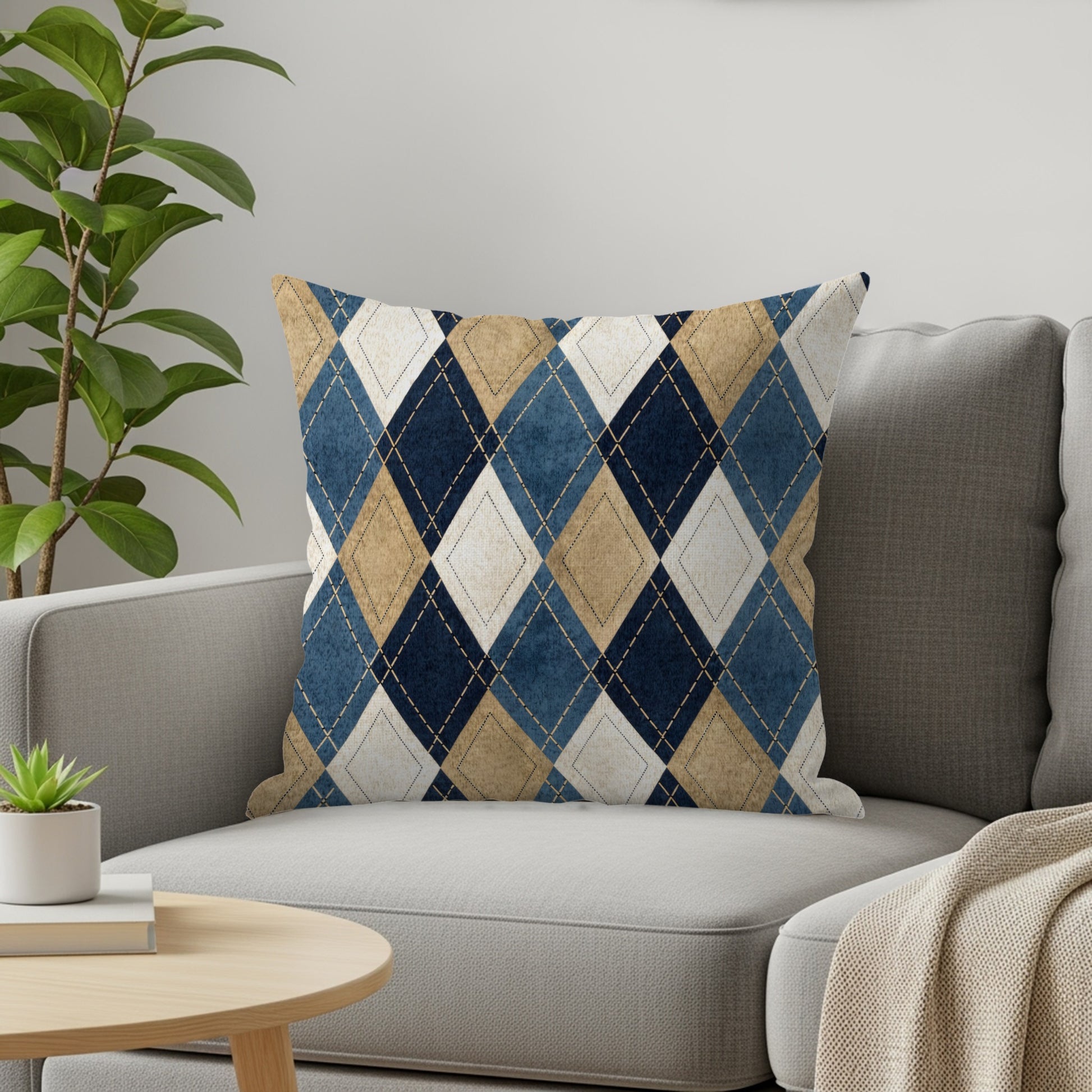 Blue and Beige Argyle Pattern Decorative Pillow