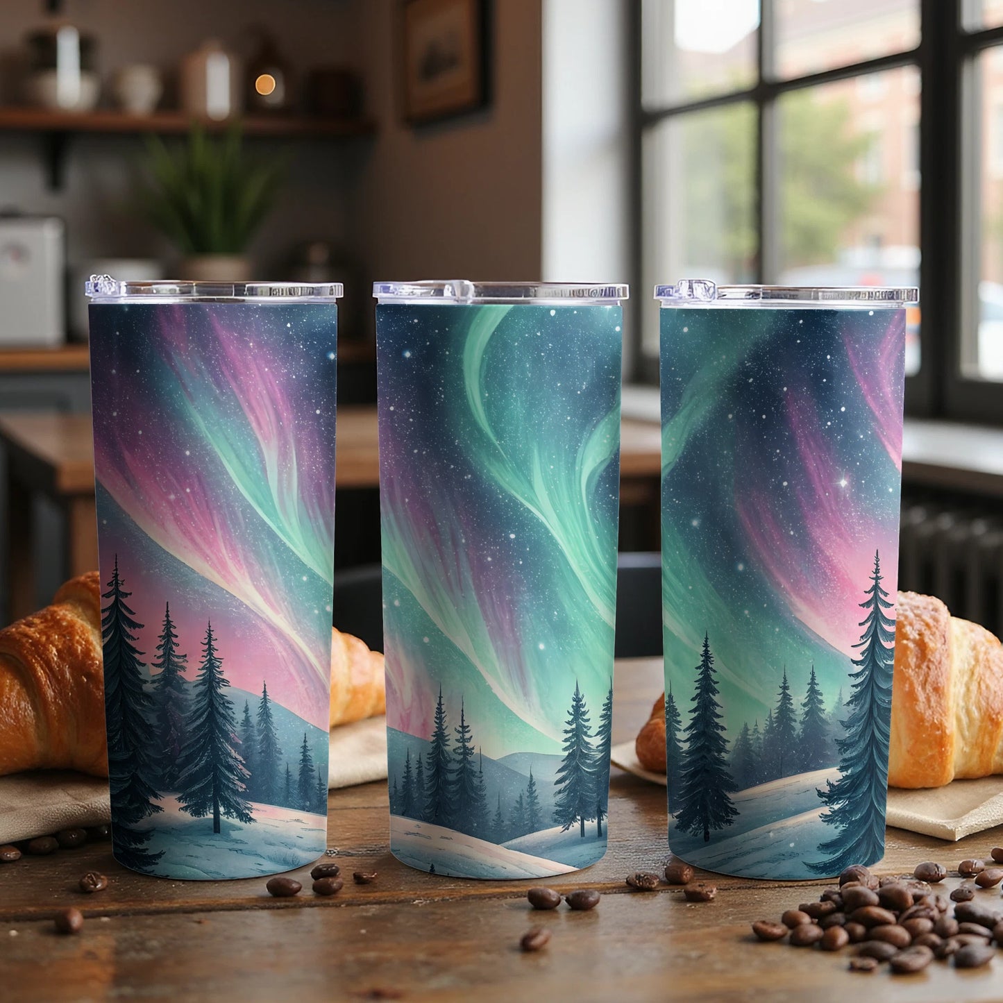 Aurora Borealis Over Snowy Forest Winter Scene Tumbler - Walk Greener