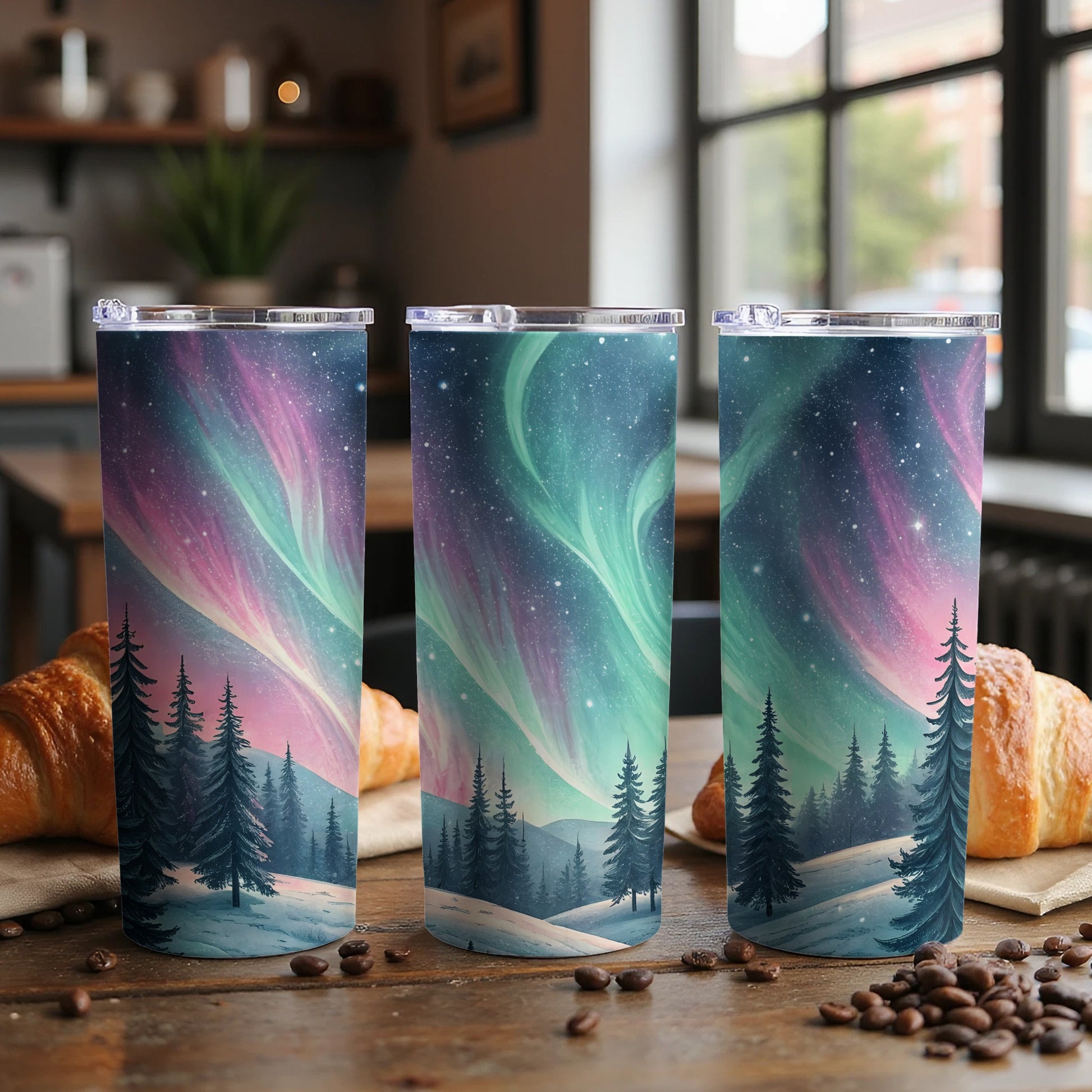 Aurora Borealis Over Snowy Forest Winter Scene Tumbler - Walk Greener