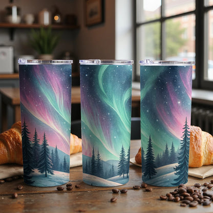 Aurora Borealis Over Snowy Forest Winter Scene Tumbler - Walk Greener