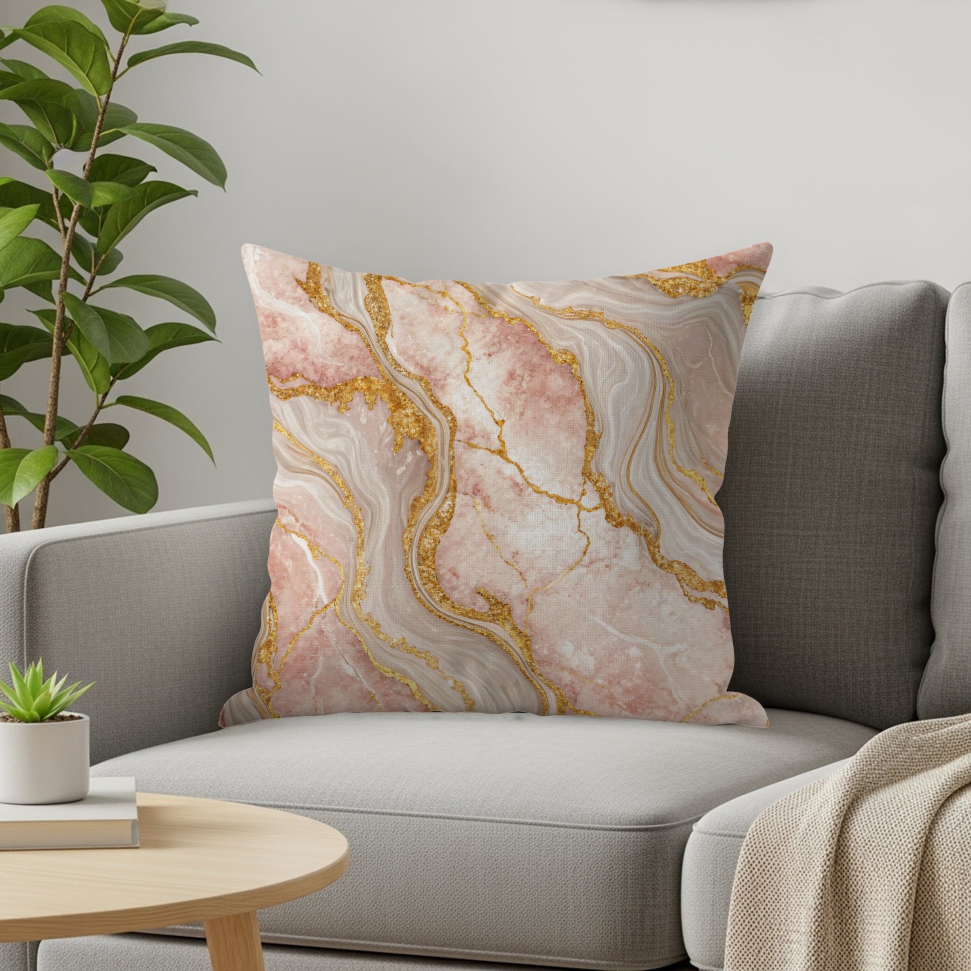 Rose Quartz with Golden Veins Abstract Decorative Floral Throw Pillows - Walk Greener