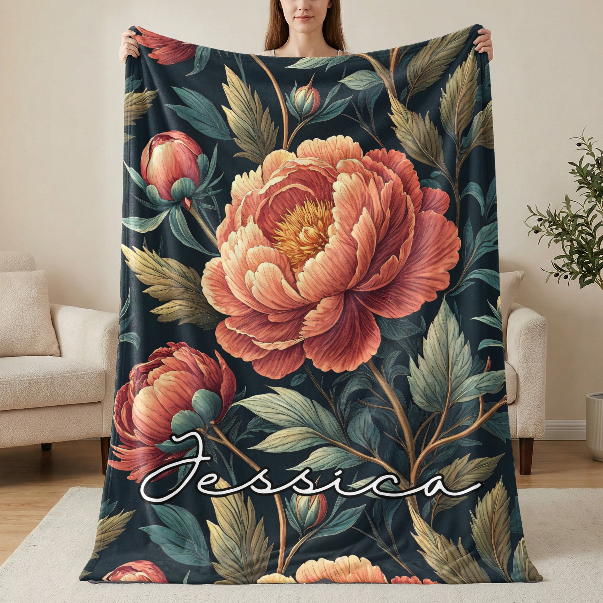 Floral Peonies Personalized Custom Name Blanket Special - Walk Greener