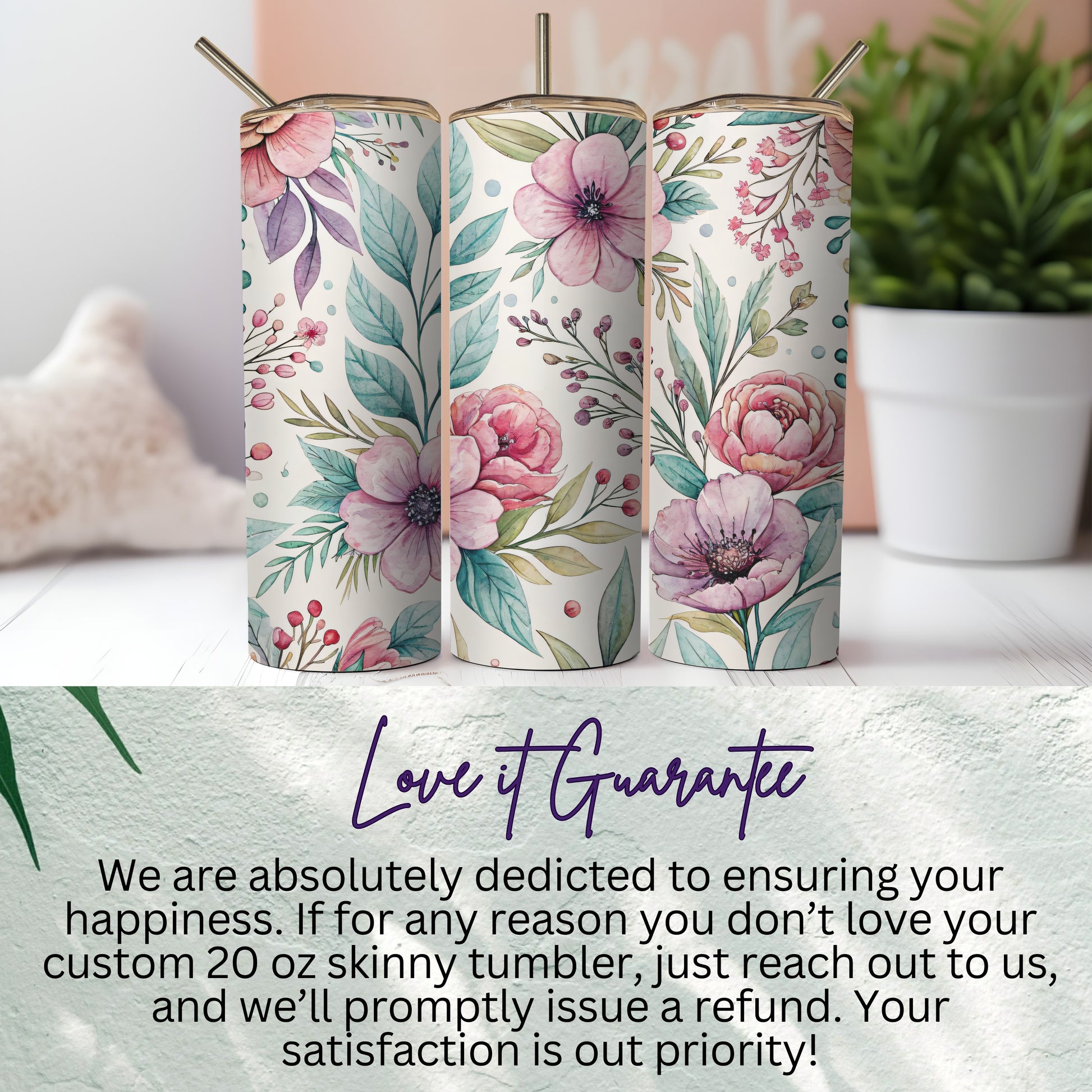 Beautiful Flowers with Leaves Pattern Perfect for 20 oz Skinny - Walk Greener